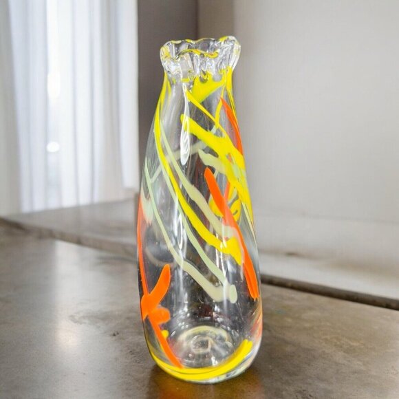 Hand Blown Studio Art Glass Swung Vase Clear Multicolor Swirls Hand Made Glass - Picture 3 of 16